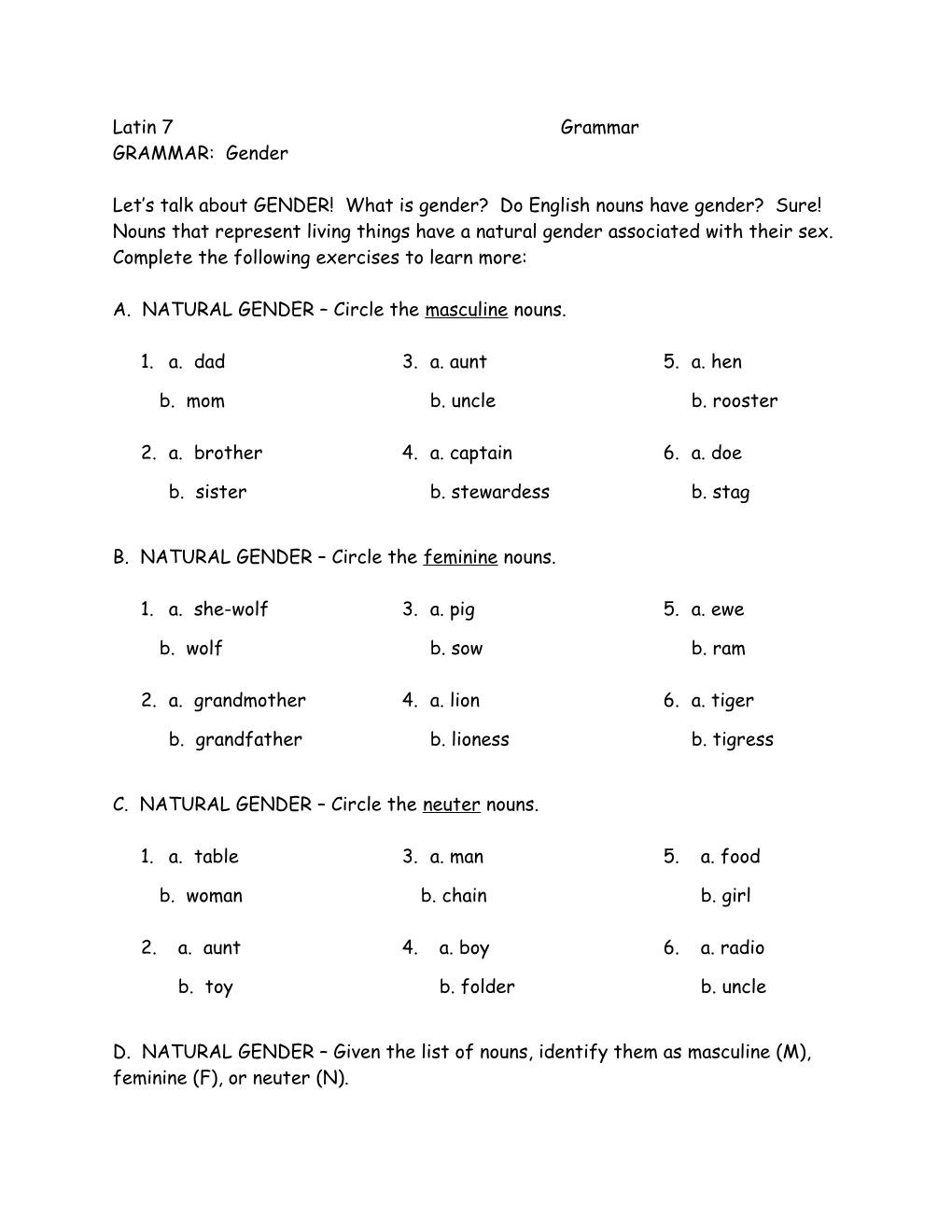 A. NATURAL GENDER Circle the Masculine Nouns