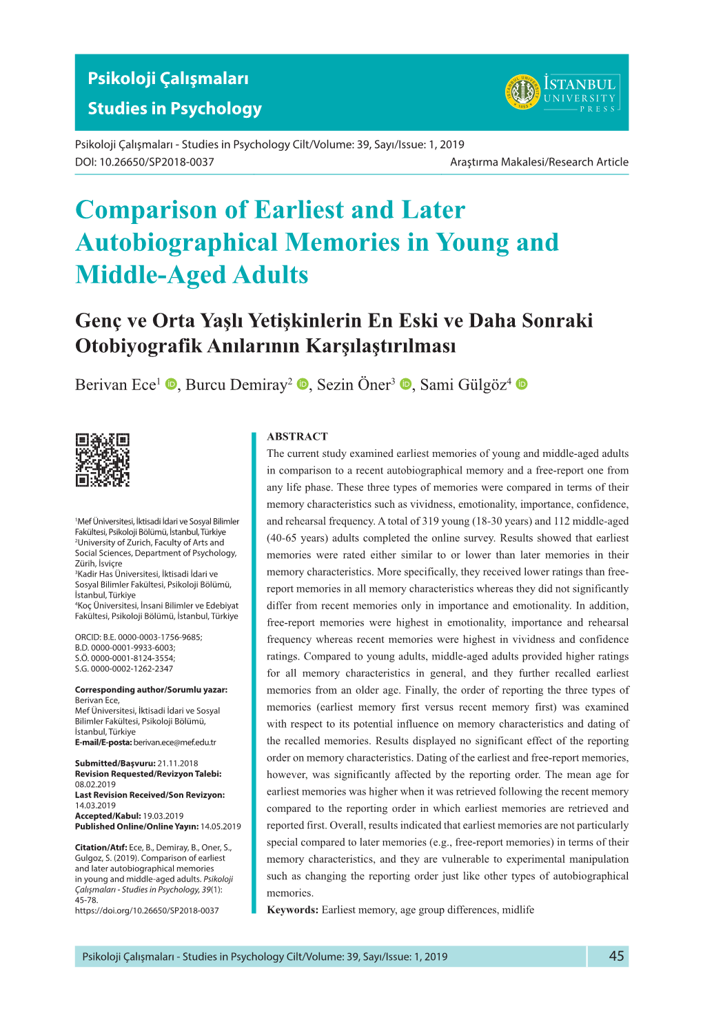 Comparison of Earliest and Later Autobiographical Memories in Young and Middle-Aged Adults