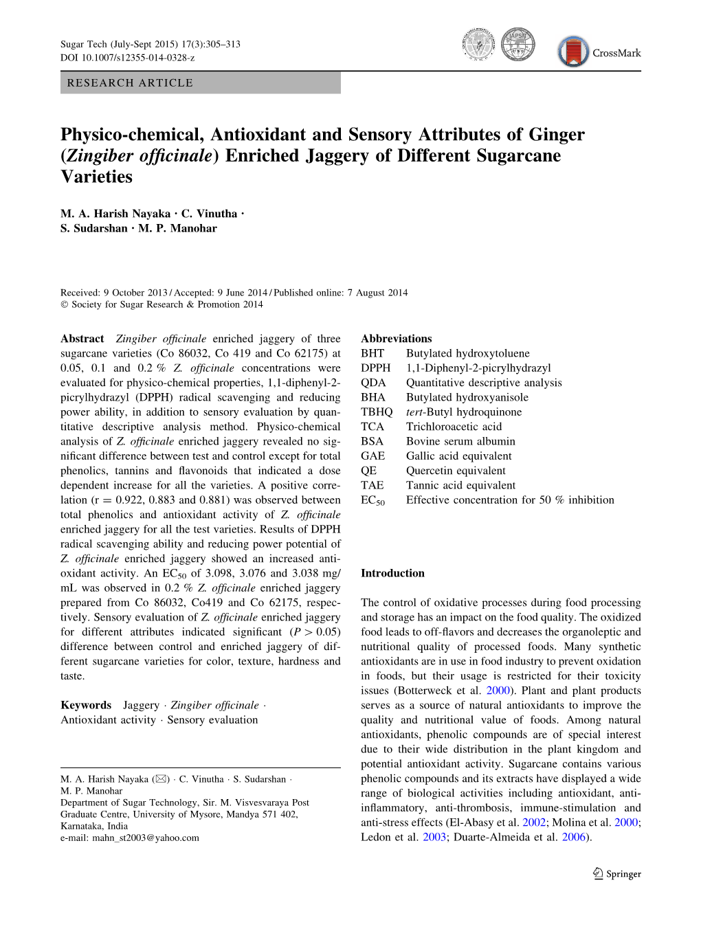Physico-Chemical, Antioxidant and Sensory Attributes of Ginger (Zingiber Ofﬁcinale) Enriched Jaggery of Different Sugarcane Varieties