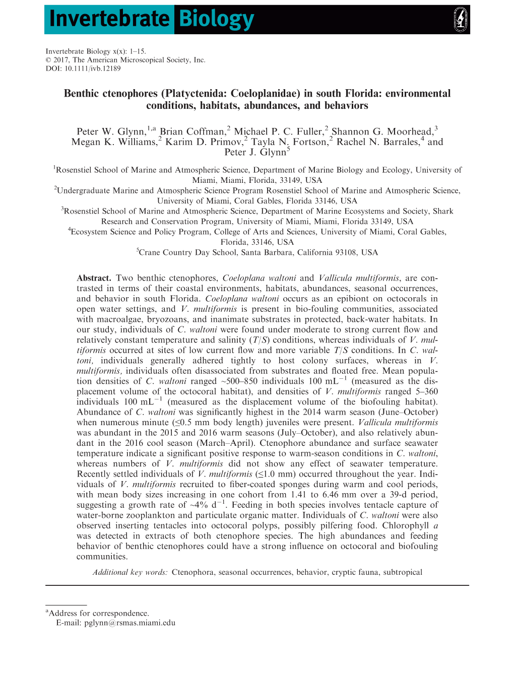 Benthic Ctenophores (Platyctenida: Coeloplanidae) in South Florida: Environmental Conditions, Habitats, Abundances, and Behaviors