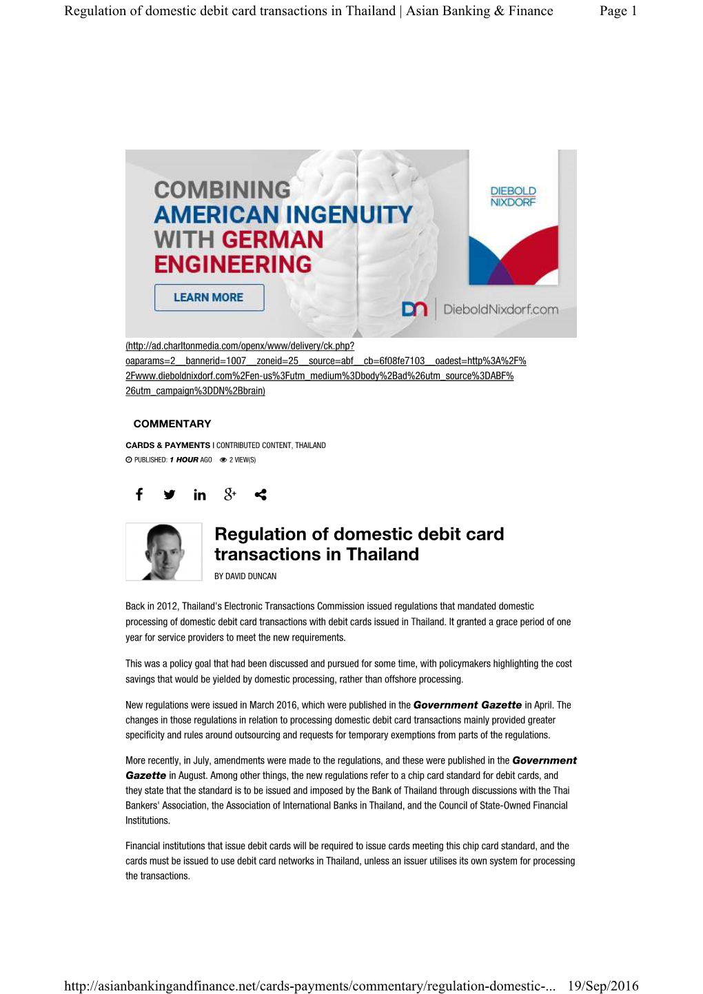 Regulation of Domestic Debit Card Transactions in Thailand | Asian Banking & Finance Page 1