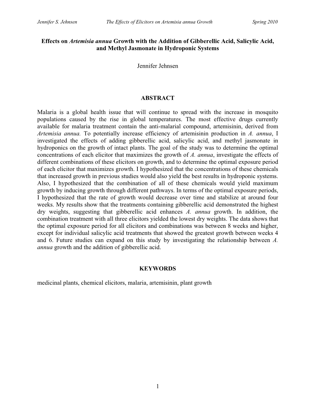 1 Effects on Artemisia Annua Growth with the Addition of Gibberellic Acid