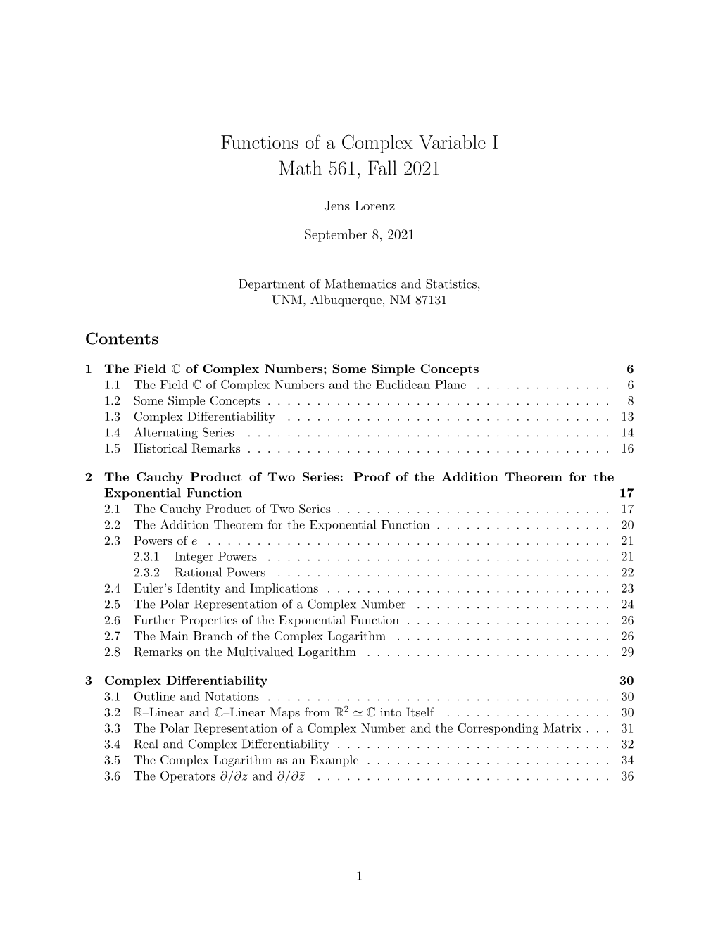 Functions of a Complex Variable I Math 561, Fall 2021