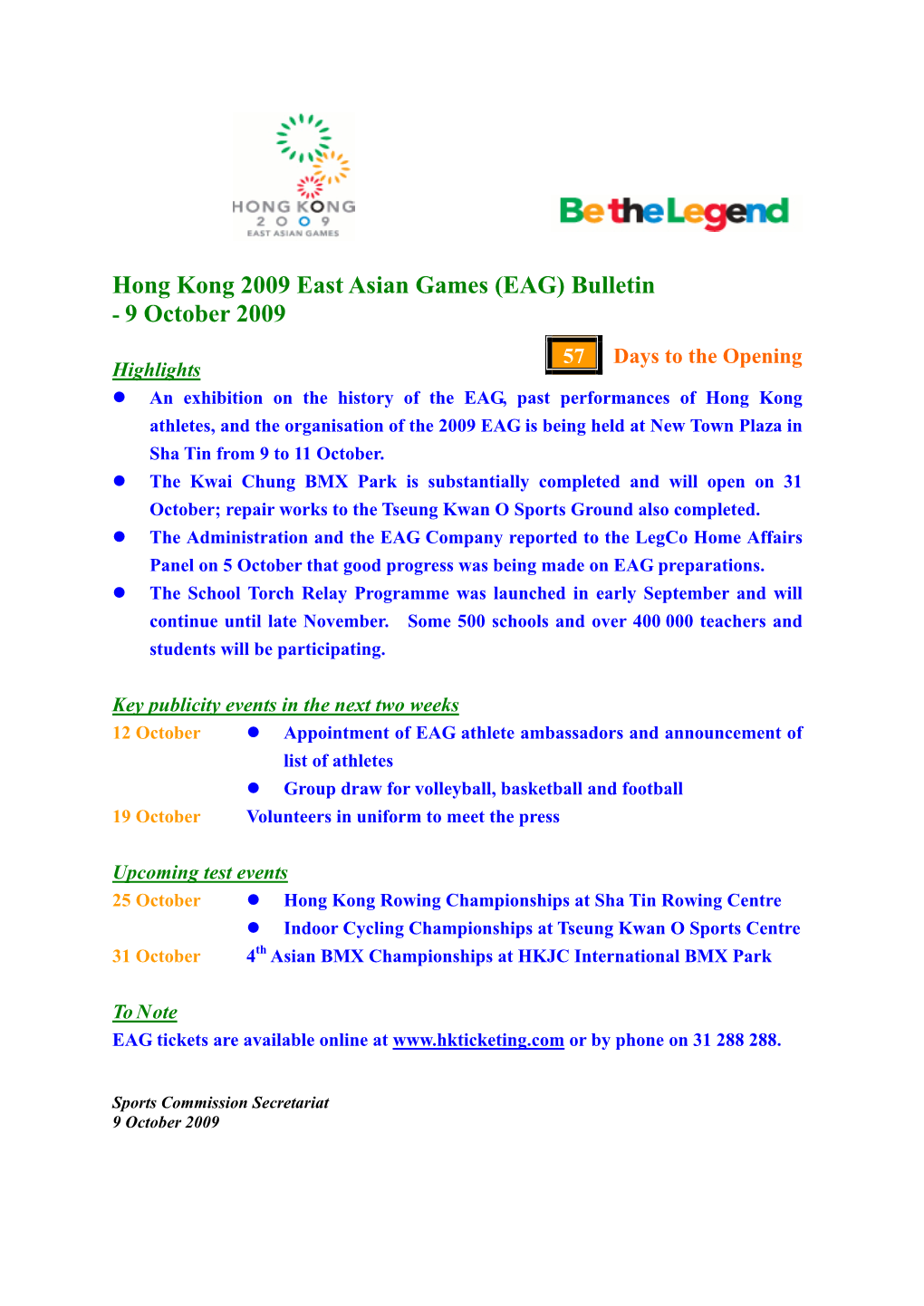 Hong Kong 2009 East Asian Games (EAG) Bulletin - 9 October 2009