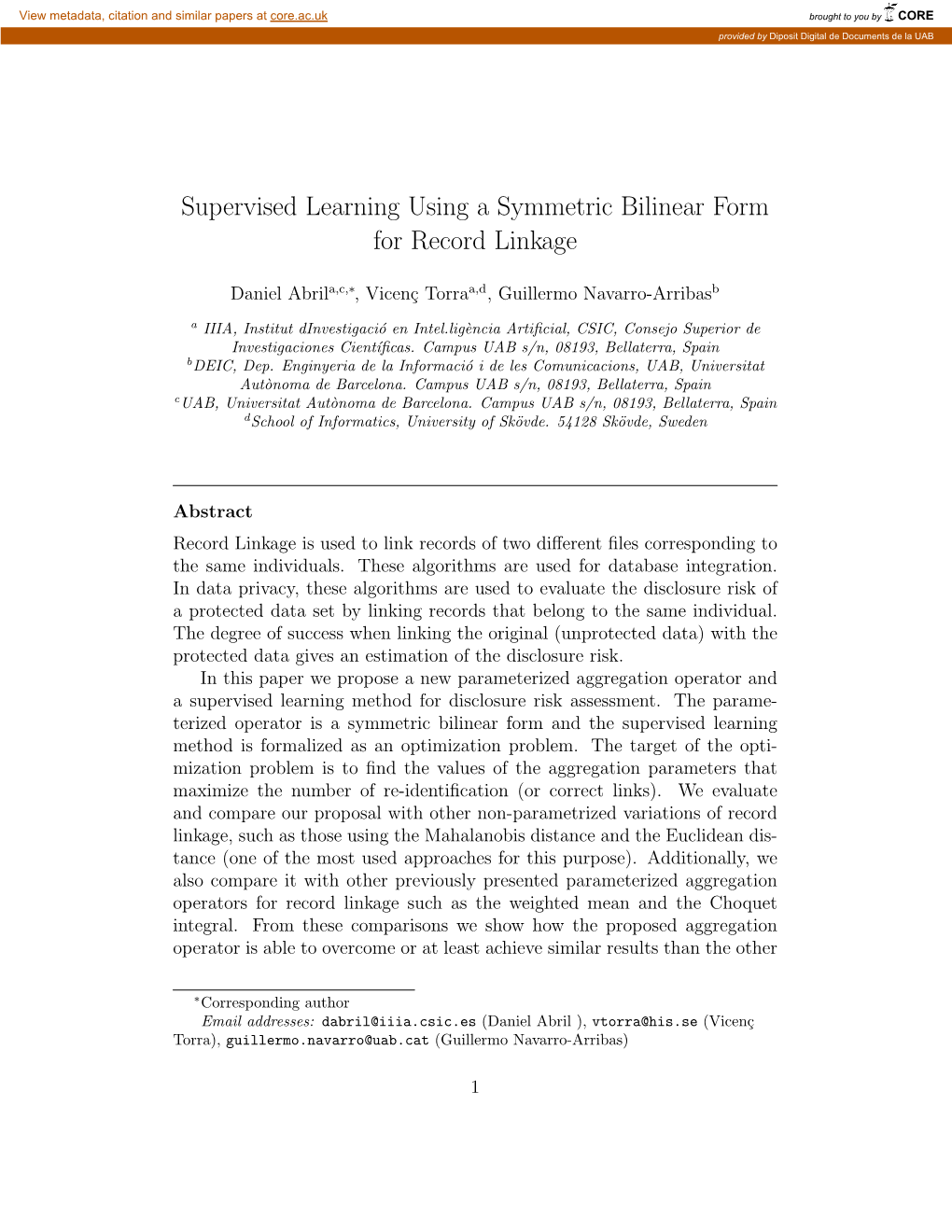 Supervised Learning Using a Symmetric Bilinear Form for Record Linkage