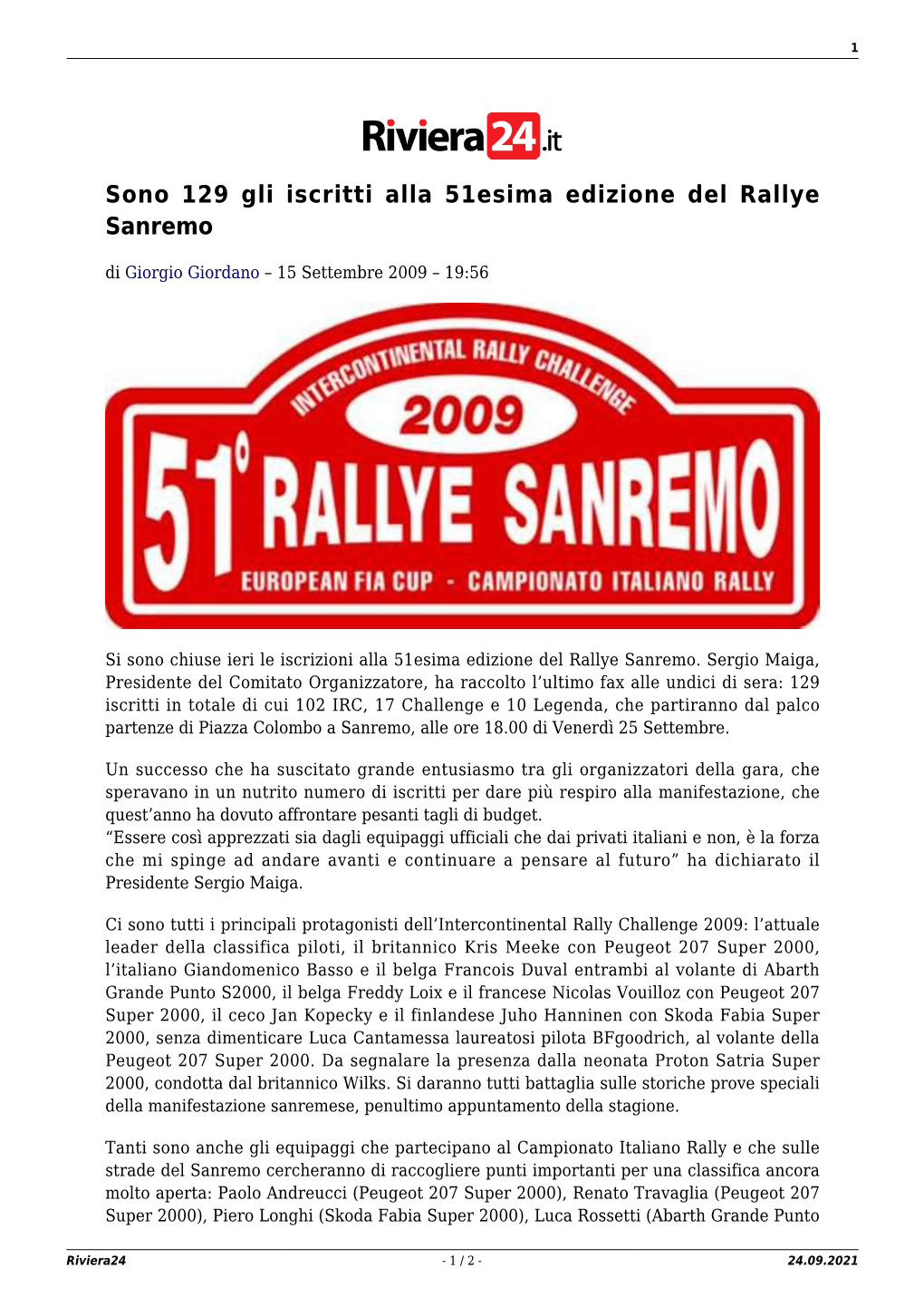 Sono 129 Gli Iscritti Alla 51Esima Edizione Del Rallye Sanremo