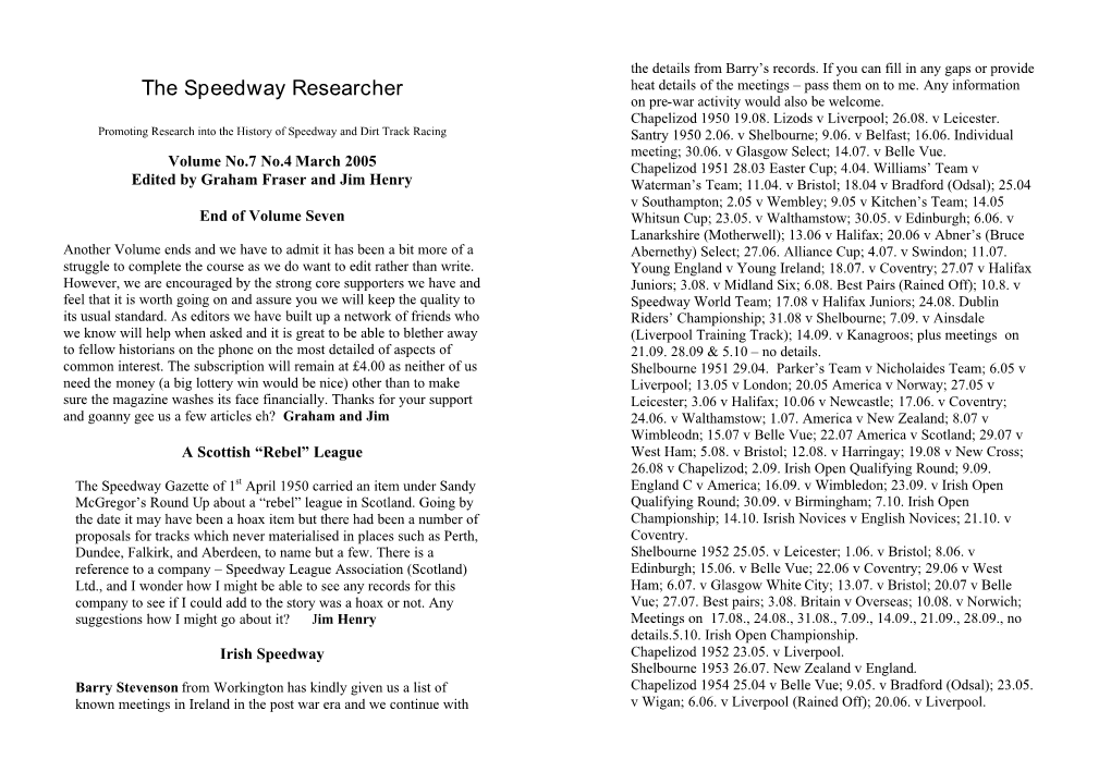 The Speedway Researcher Heat Details of the Meetings – Pass Them on to Me