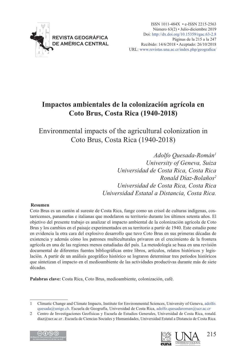 Impactos Ambientales De La Colonización Agrícola En Coto Brus, Costa Rica (1940-2018)
