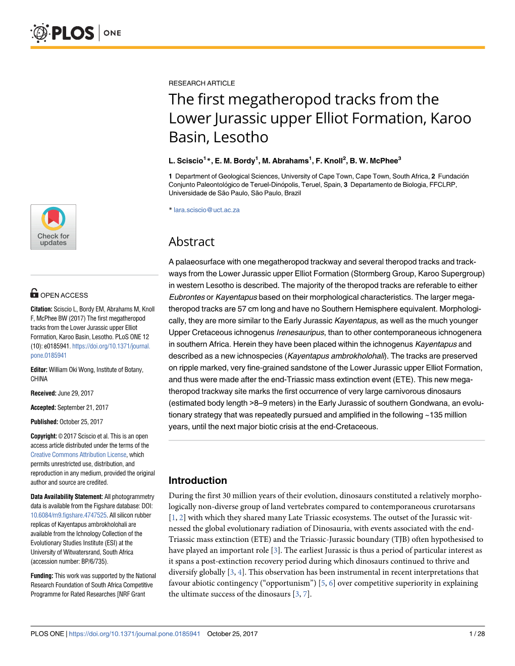 The First Megatheropod Tracks from the Lower Jurassic Upper Elliot Formation, Karoo Basin, Lesotho