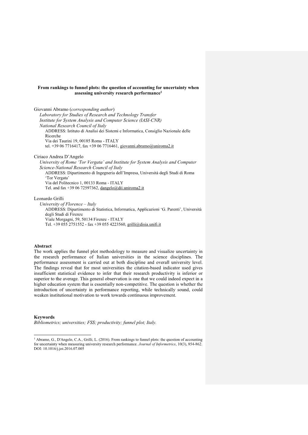 From Rankings to Funnel Plots: the Question of Accounting for Uncertainty When Assessing University Research Performance1