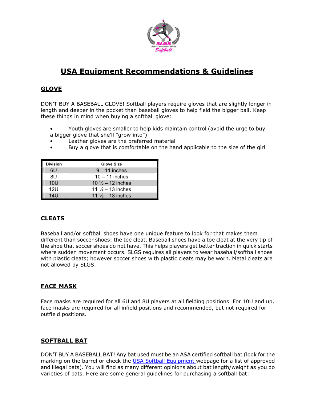 USA Equipment Recommendations & Guidelines