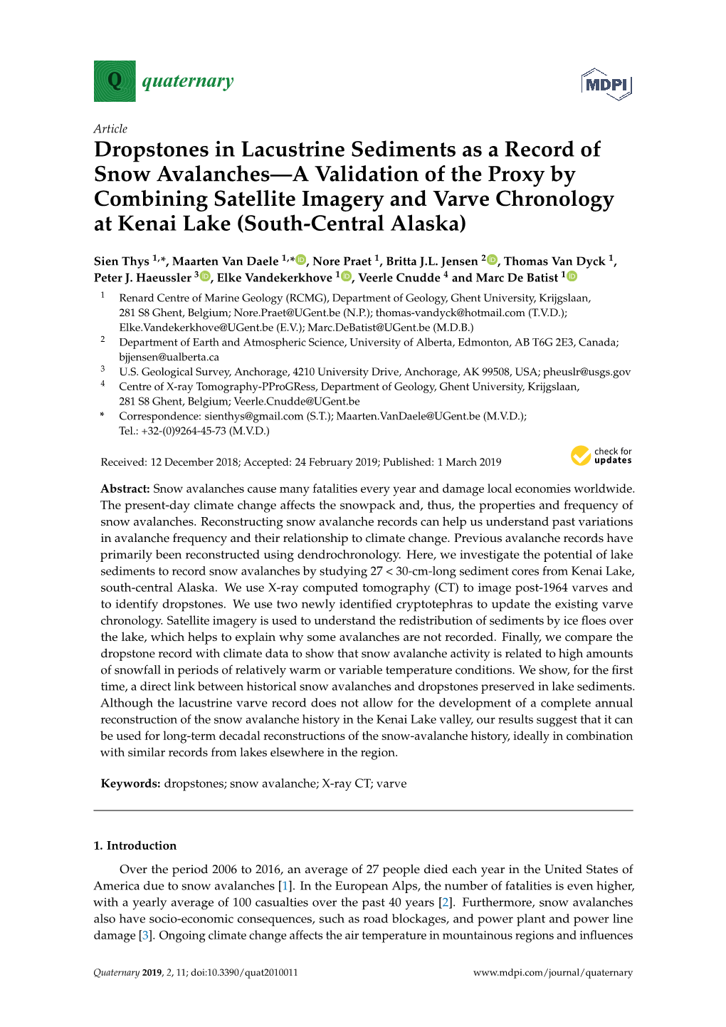 Dropstones in Lacustrine Sediments As a Record of Snow Avalanches