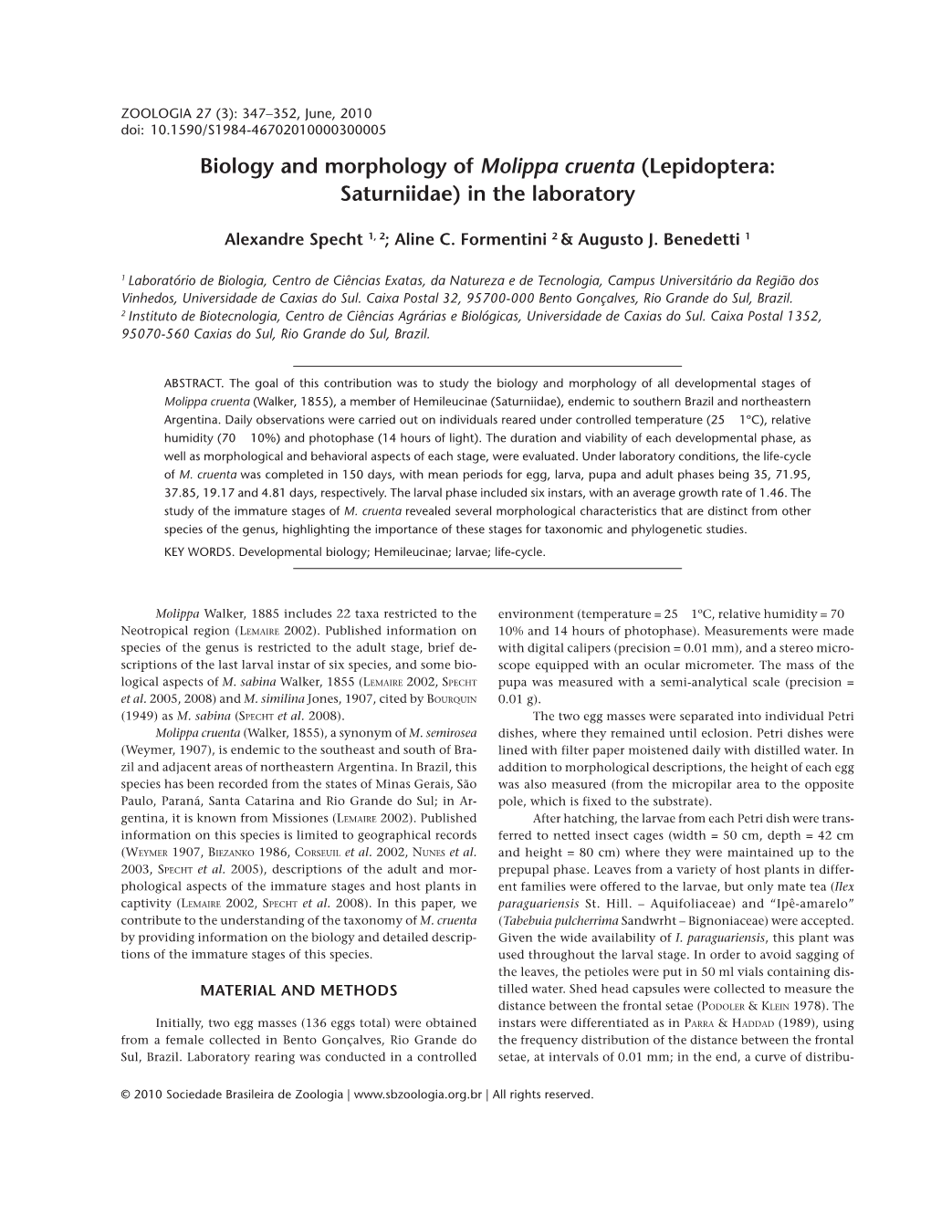 Biology and Morphology of Molippa Cruenta (Lepidoptera: Saturniidae) in the Laboratory