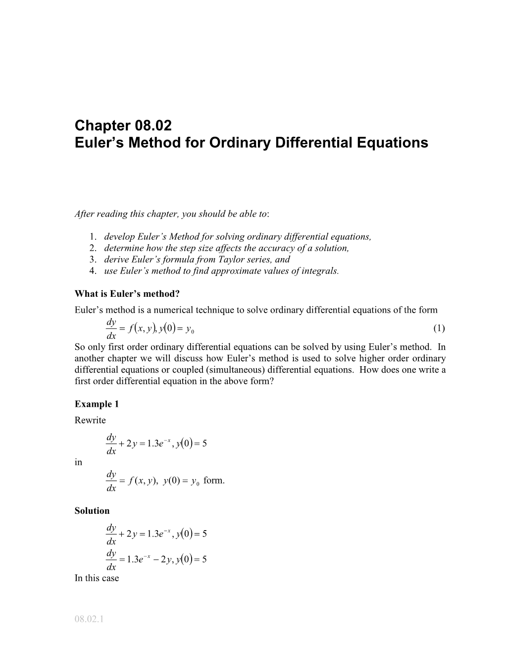 Textbook Notes for Euler's Method for Ordinary Differential Equations