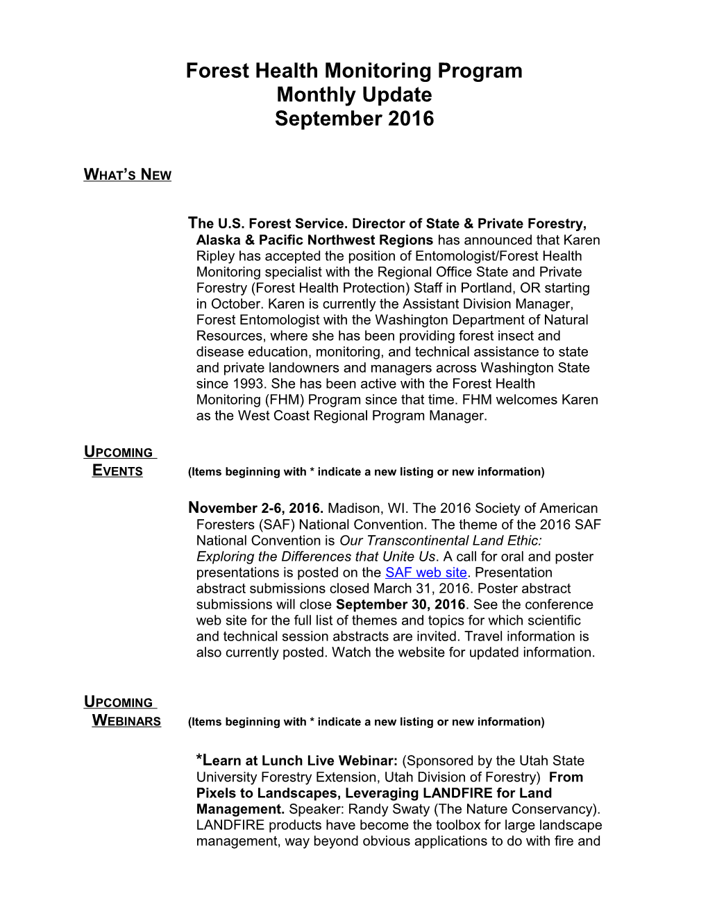 Forest Health Monitoring Program September 2016 Monthly Update