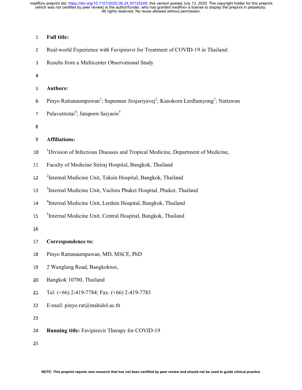 Real-World Experience with Favipiravir for Treatment of COVID-19 in Thailand