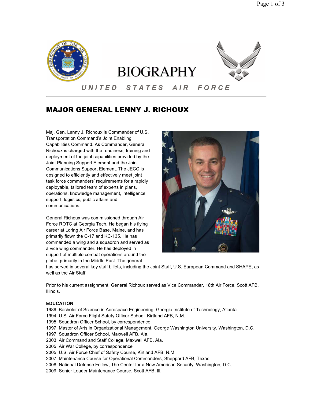 Maj. Gen. Lenny J. Richoux Is Commander of U.S