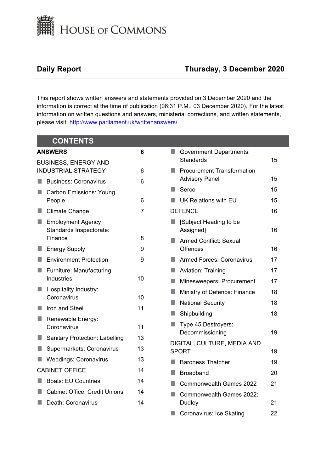 Daily Report Thursday, 3 December 2020 CONTENTS