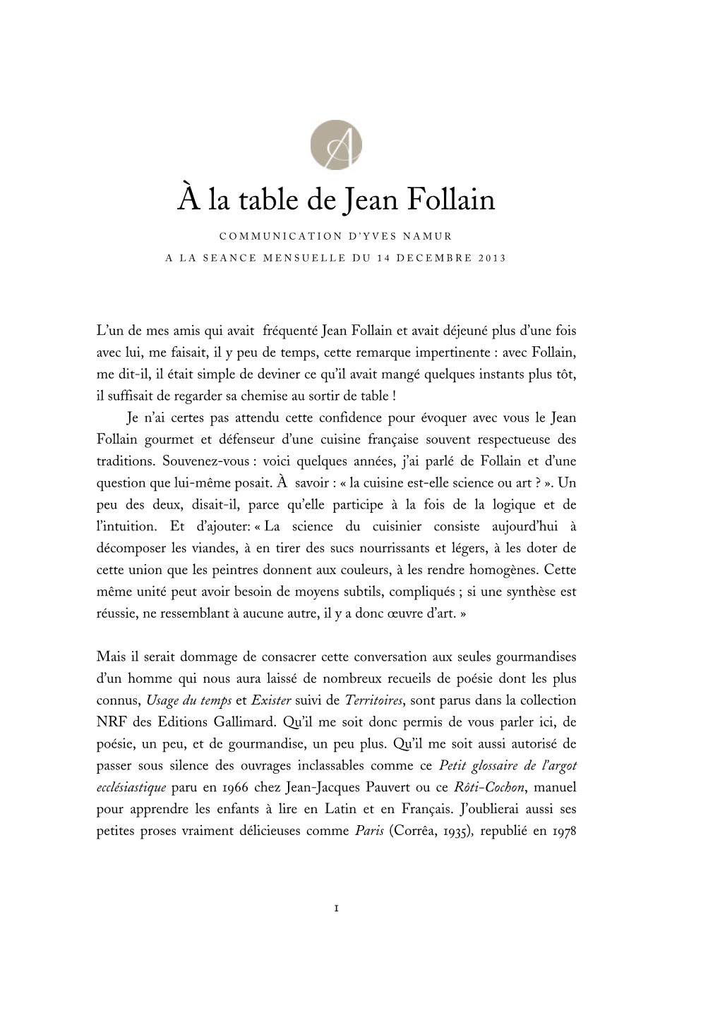 À La Table De Jean Follain