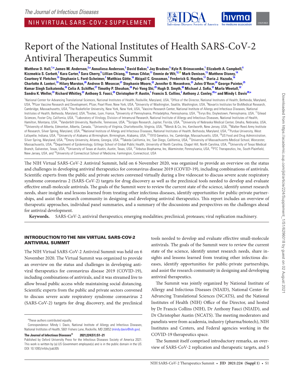 Report of the National Institutes of Health SARS-Cov-2 Antiviral Therapeutics Summit Matthew D