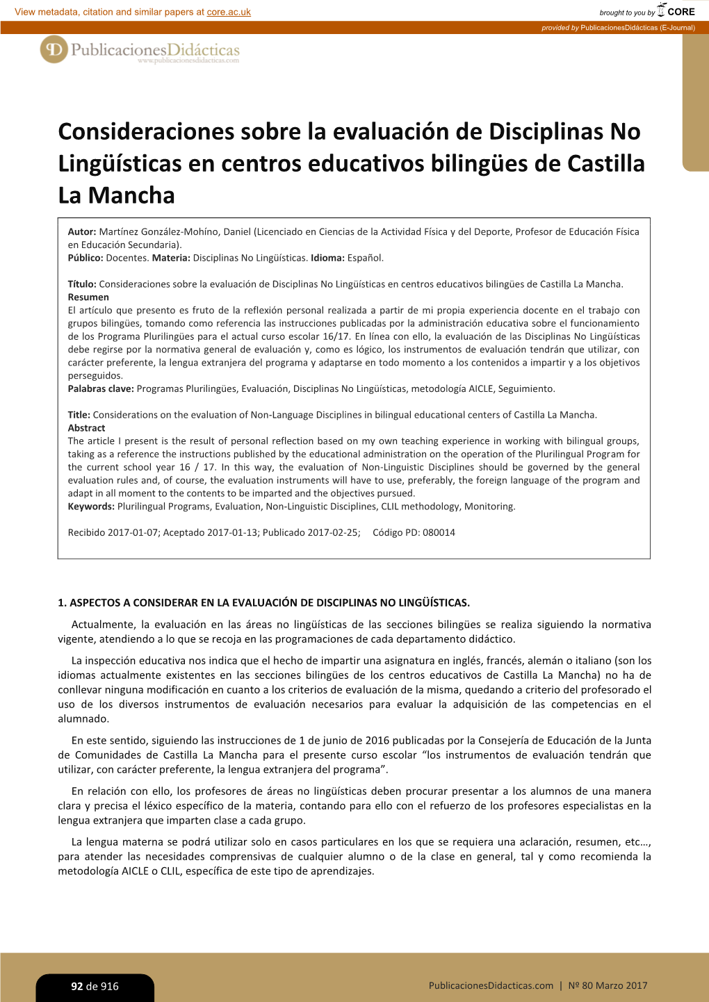 Consideraciones Sobre La Evaluacion De Disciplinas No Lingã¼isticas En