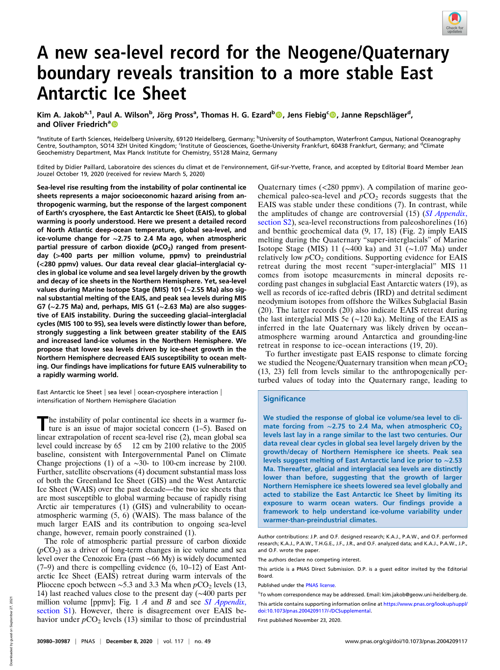 A New Sea-Level Record for the Neogene/Quaternary Boundary Reveals Transition to a More Stable East Antarctic Ice Sheet