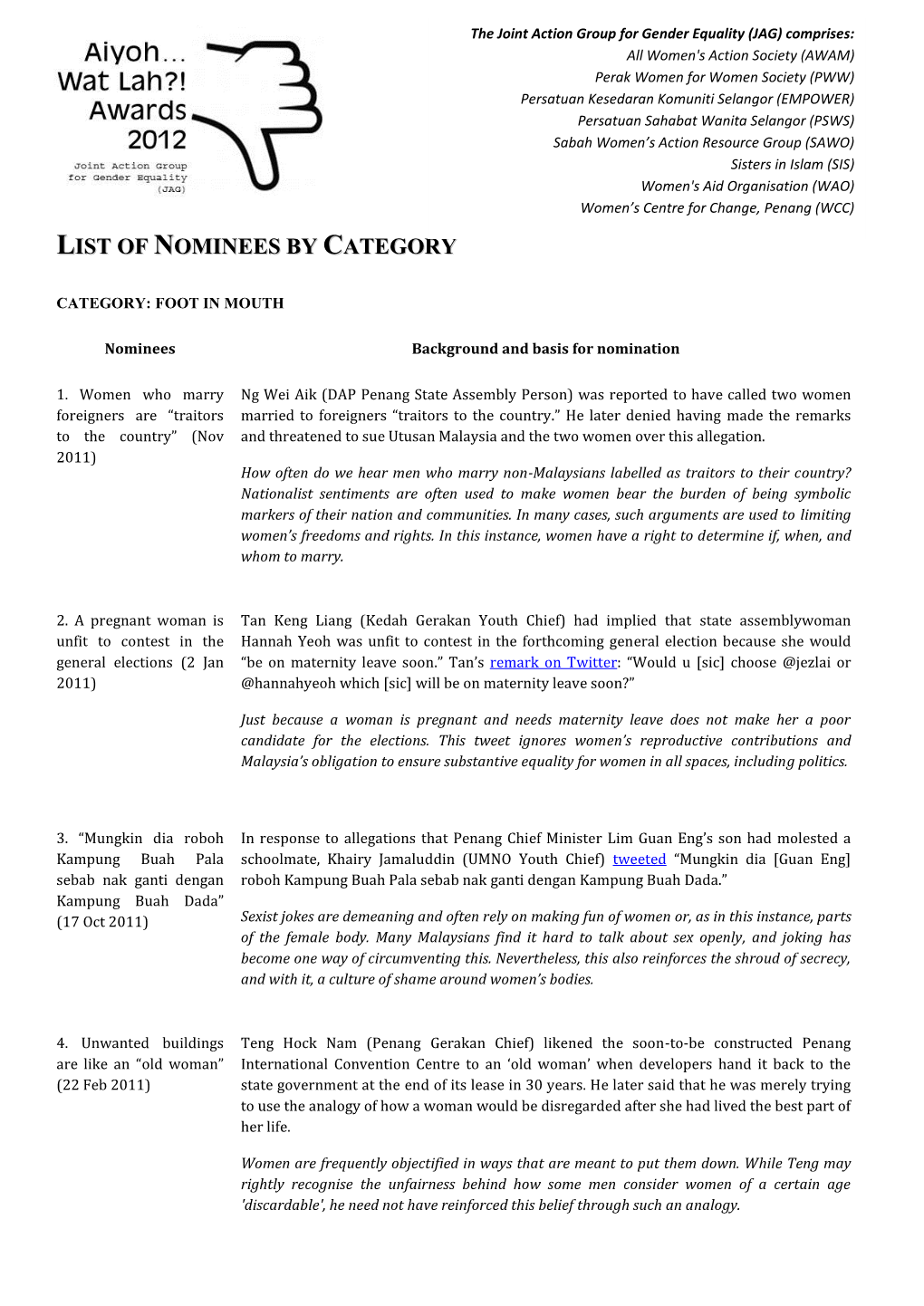 Aiyoh 2012 List of Nominees