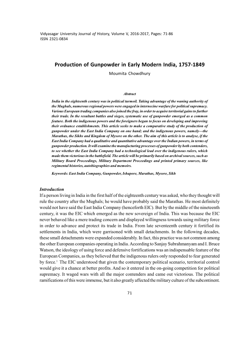 Production of Gunpowder in Early Modern India, 1757-1849 Moumita Chowdhury