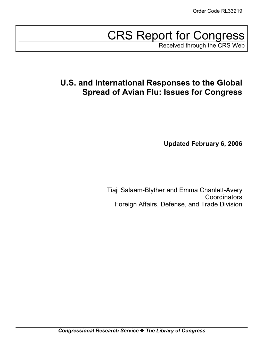 U.S. and International Responses to the Global Spread of Avian Flu: Issues for Congress