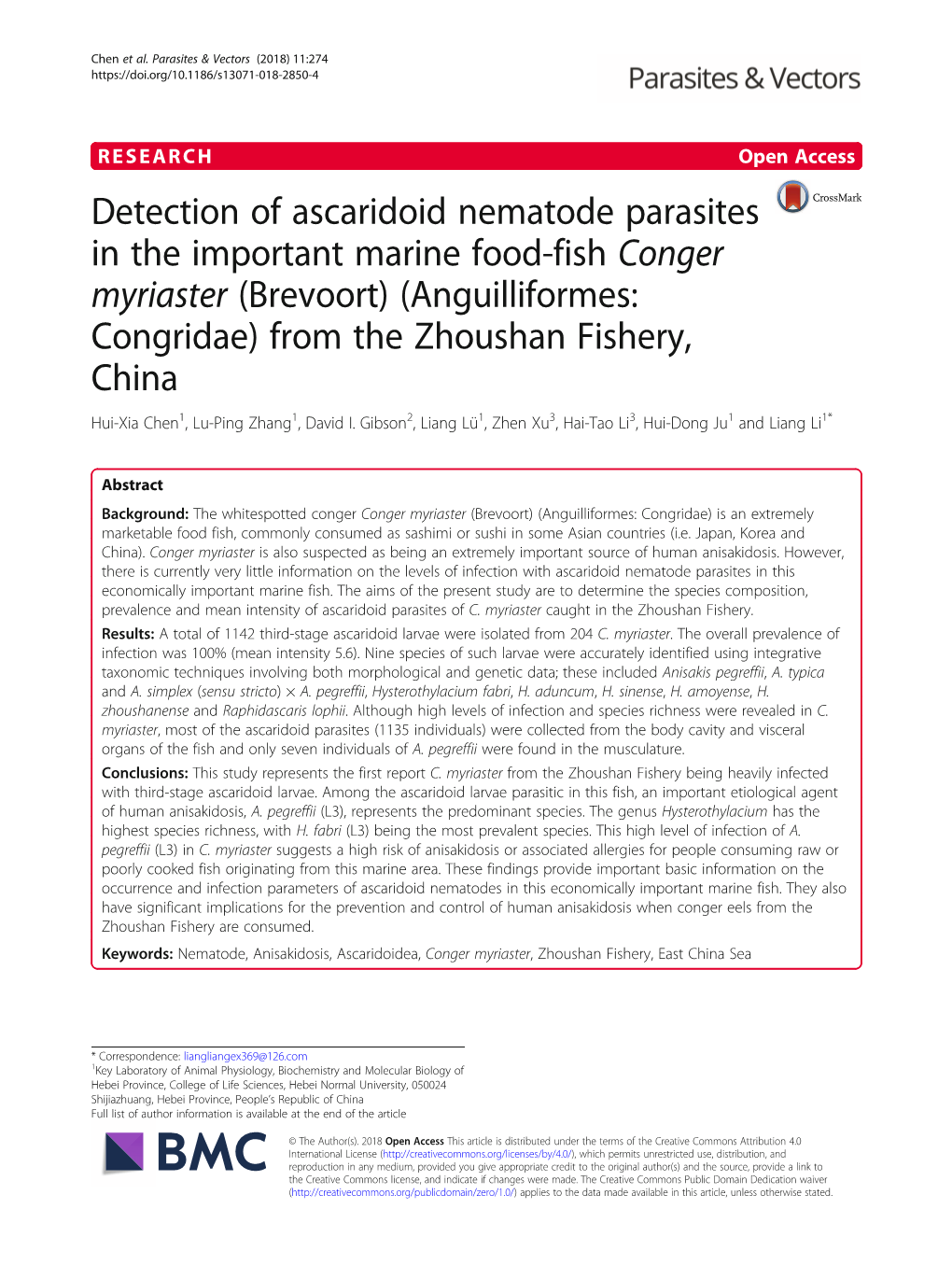 Detection of Ascaridoid Nematode Parasites in the Important Marine Food-Fish Conger Myriaster (Brevoort) (Anguilliformes: Congri