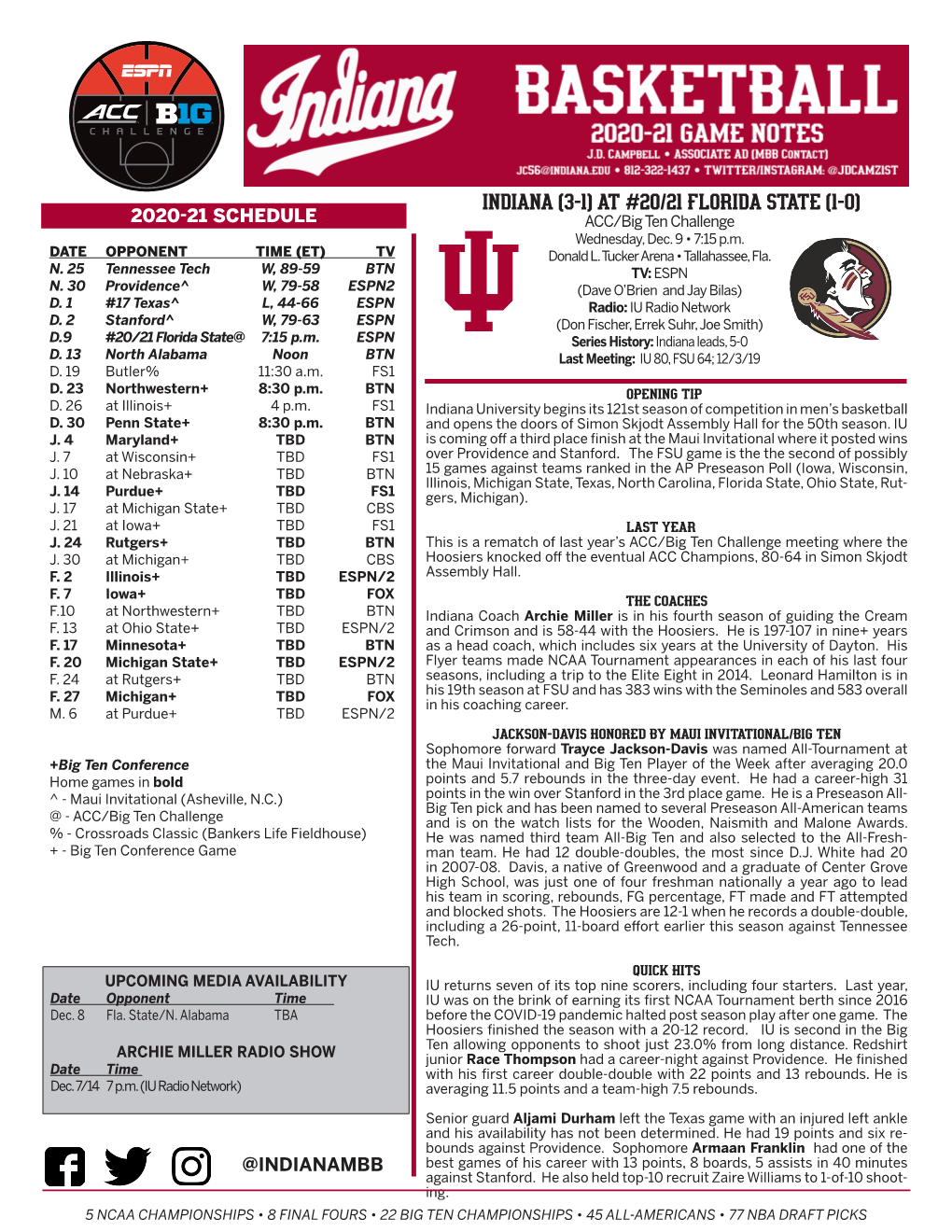 INDIANA (3-1) at #20/21 FLORIDA STATE (1-0) 2020-21 SCHEDULE ACC/Big Ten Challenge Wednesday, Dec