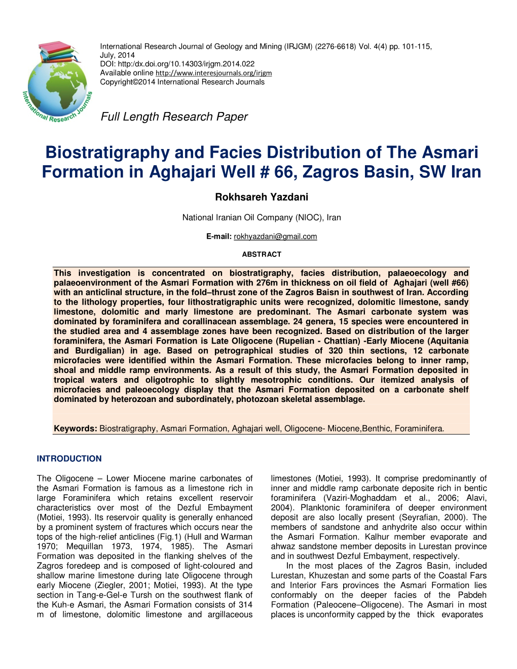 Biostratigraphy and Facies Distribution of the Asmari Formation in Aghajari Well # 66, Zagros Basin, SW Iran