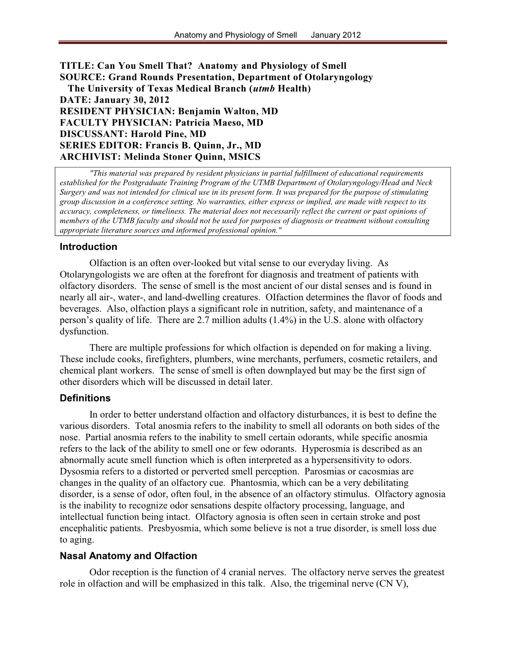 Anatomy and Physiology of Smell January 2012