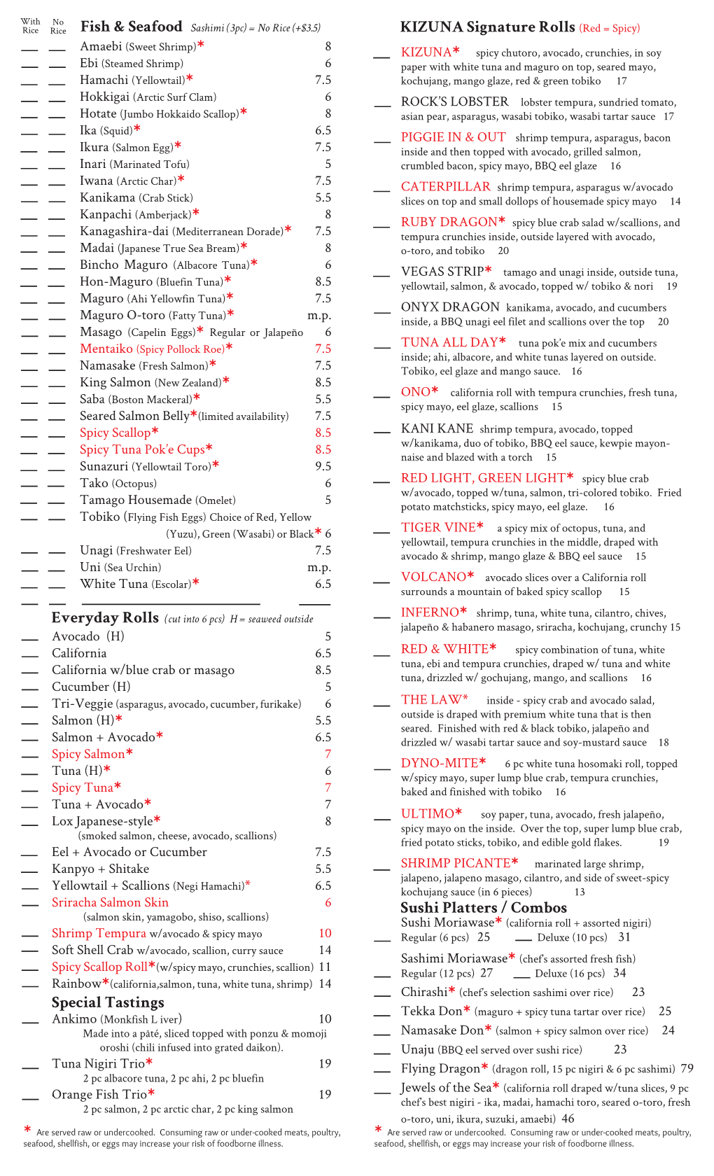 KIZUNA Signature Rolls (Red = Spicy) Sushi Platters / Combos