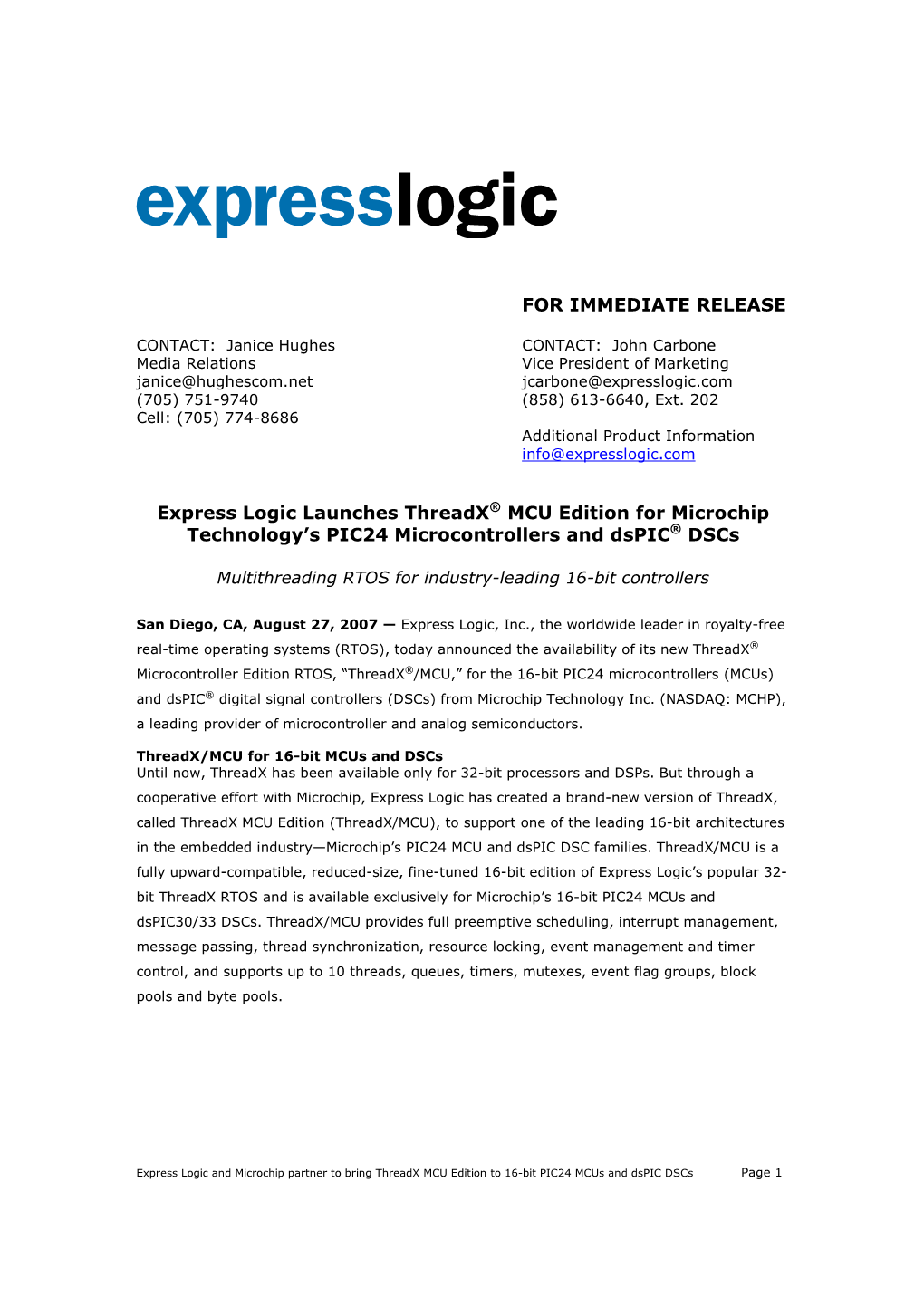 Express Logic 16-Bit Release, Revised Final, 8-29-07