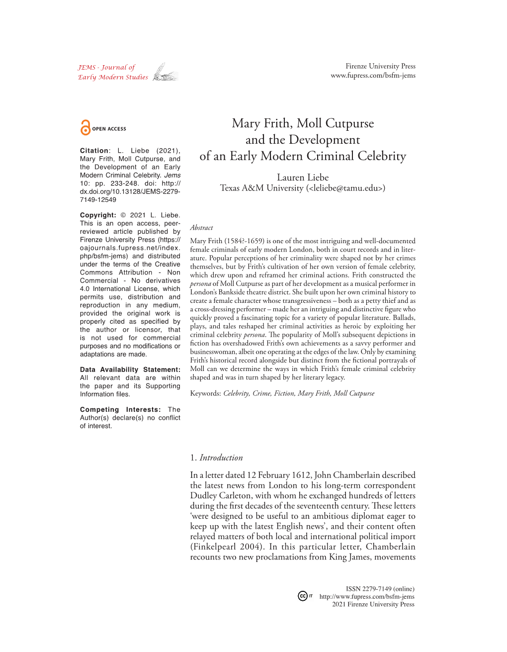 Mary Frith, Moll Cutpurse and the Development of an Early Modern