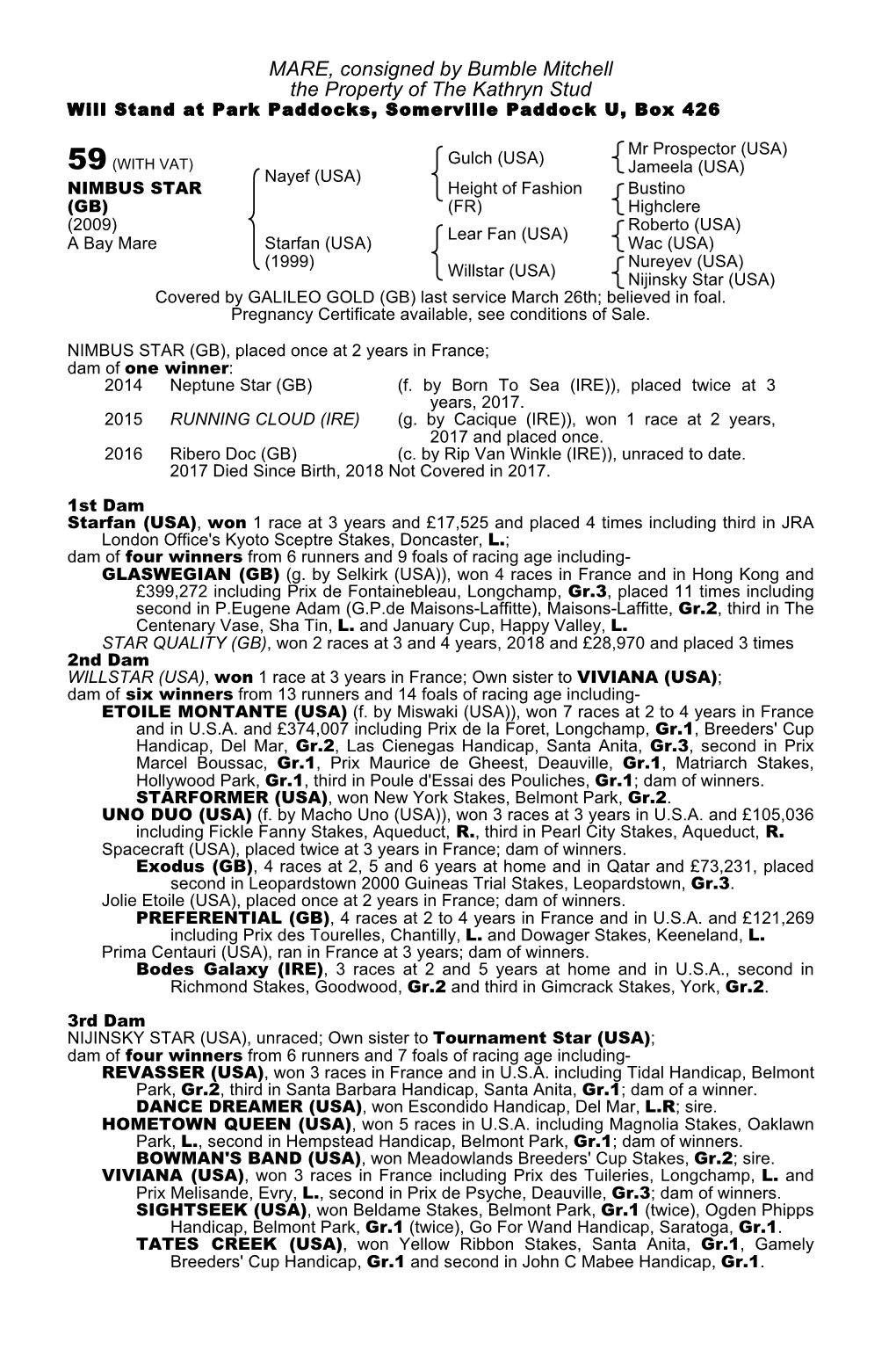 MARE, Consigned by Bumble Mitchell the Property of the Kathryn Stud Will Stand at Park Paddocks, Somerville Paddock U, Box 426