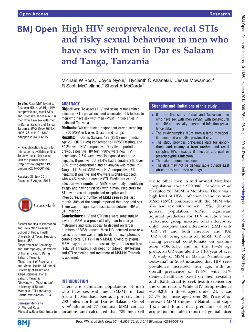 High HIV Seroprevalence, Rectal Stis and Risky Sexual Behaviour in Men Who Have Sex with Men in Dar Es Salaam and Tanga, Tanzania