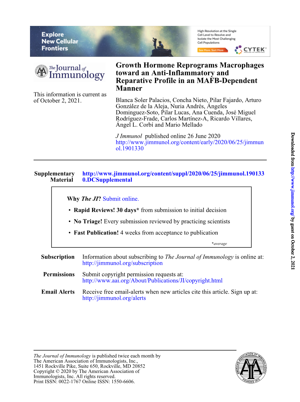 Growth Hormone Reprograms Macrophages Toward an Anti-Inflammatory and Reparative Profile in an MAFB-Dependent Manner This Information Is Current As of October 2, 2021