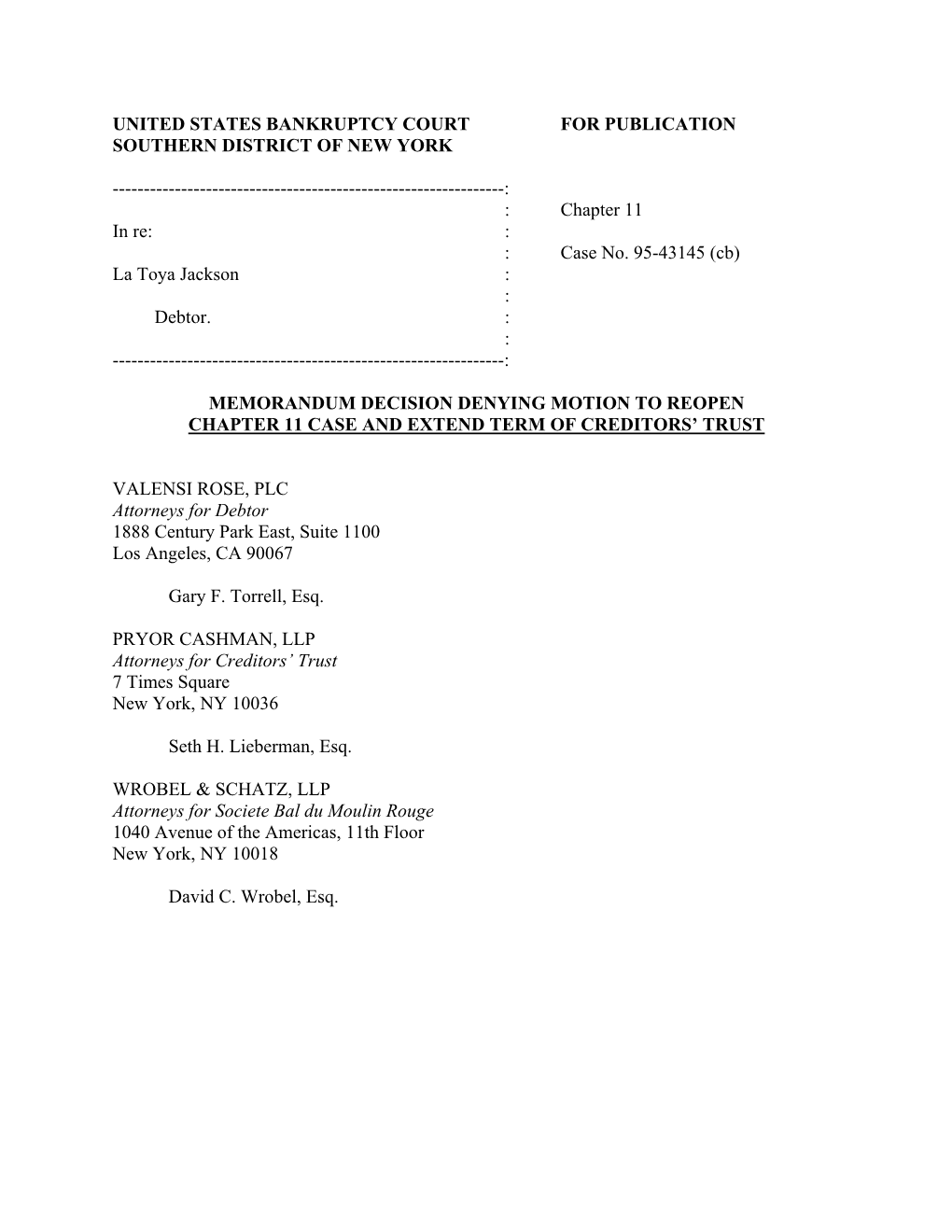 United States Bankruptcy Court for Publication Southern District of New York