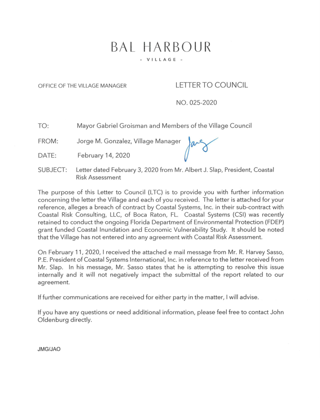 LTC 025-2020 Letter Dated February 3, 2020 Mr. Albert J Slap, President