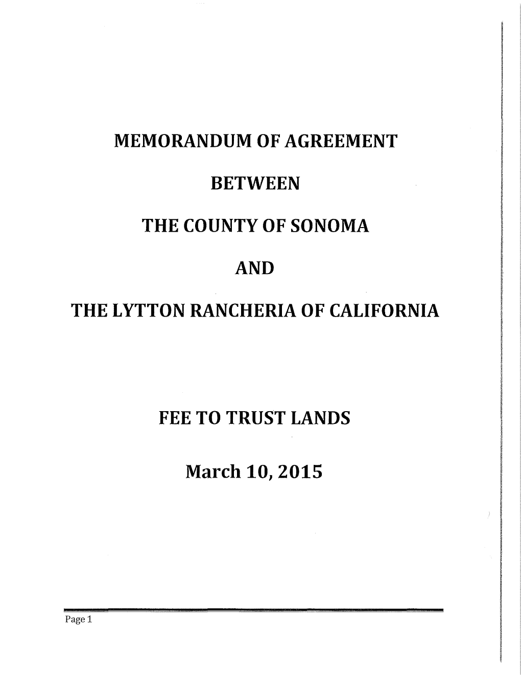 Memorandum of Agreement Between the County of Sonoma and the Lytton Rancheria of California