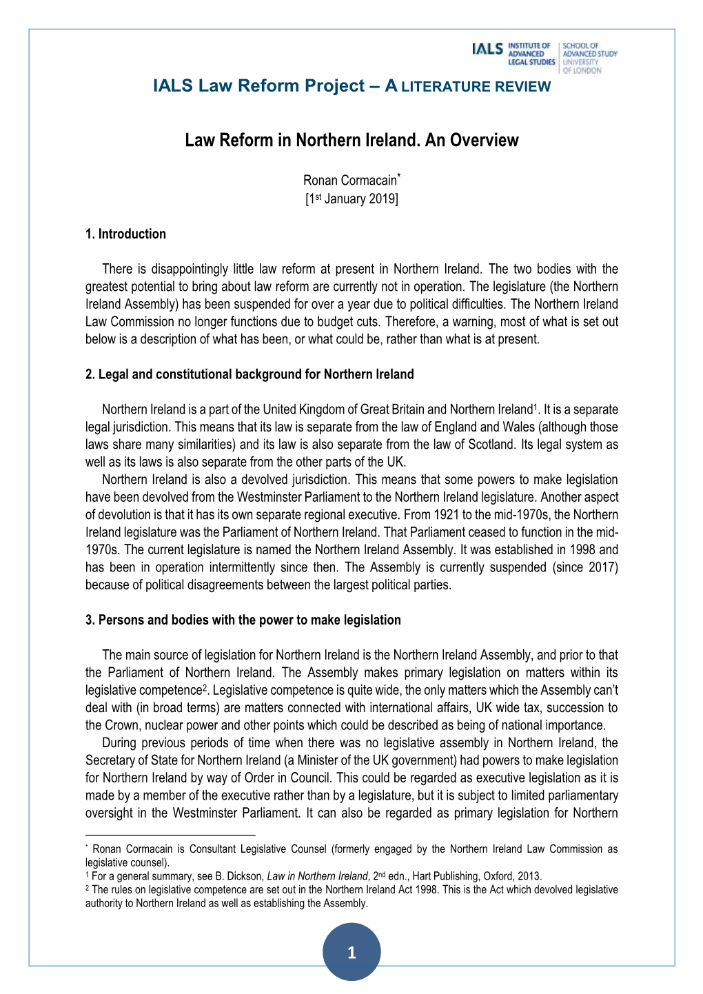 1 Law Reform in Northern Ireland. an Overview