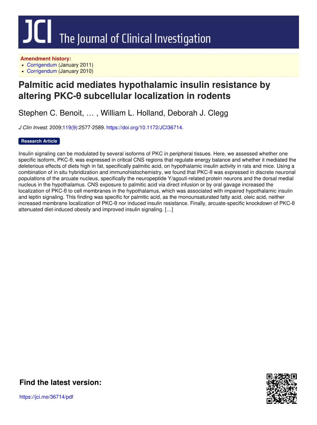 Palmitic Acid Mediates Hypothalamic Insulin Resistance by Altering PKC-Θ Subcellular Localization in Rodents