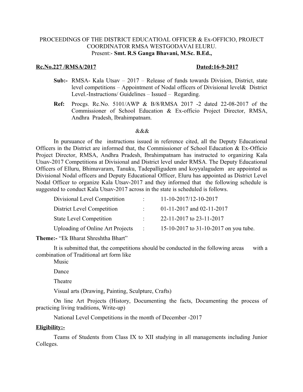 PROCEEDINGS of the DISTRICT EDUCATIOAL OFFICER Ex-OFFICIO, PROJECT COORDINATOR RMSA WESTGODAVAI