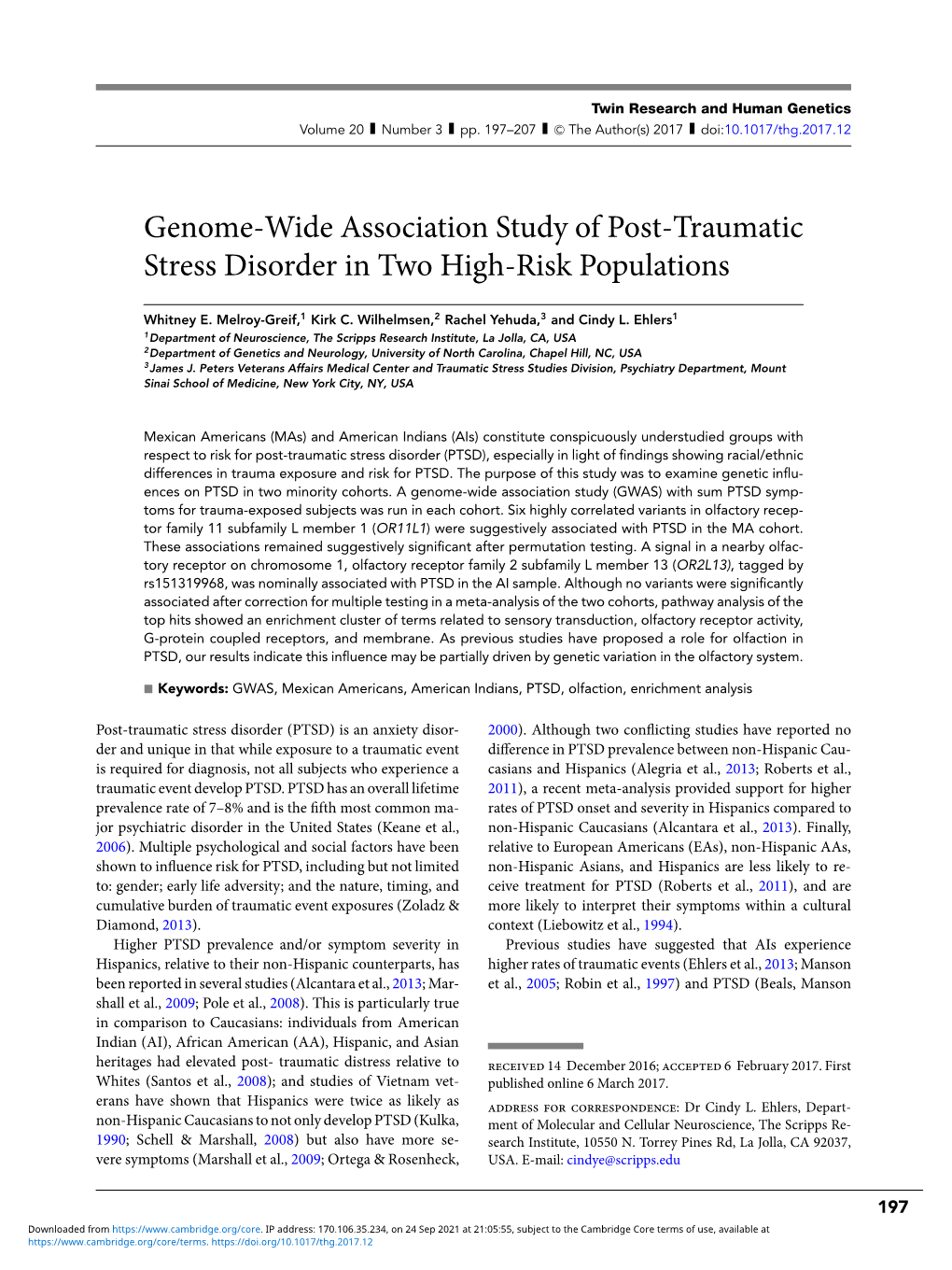 Genome-Wide Association Study of Post-Traumatic Stress Disorder in Two High-Risk Populations