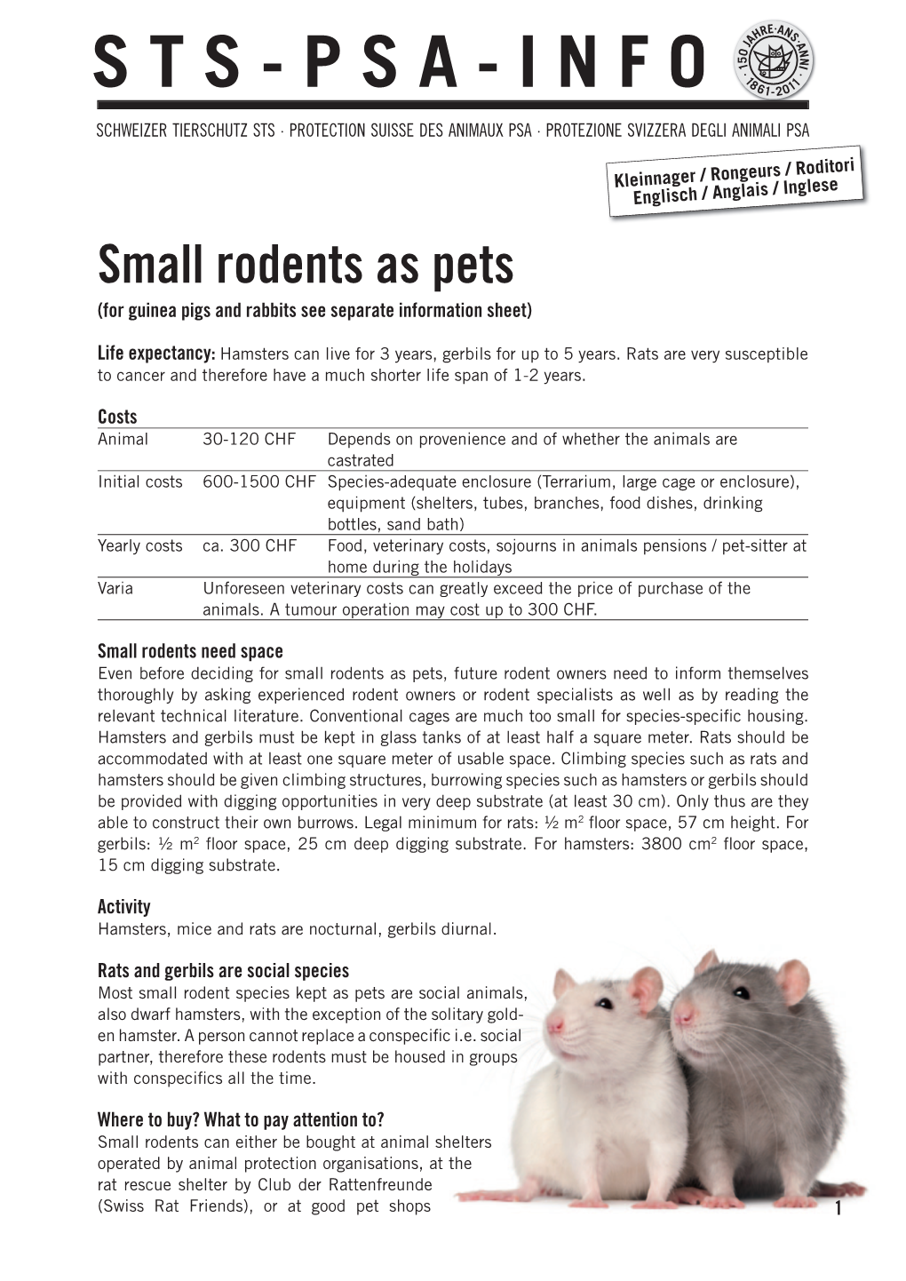 Small Rodents As Pets (For Guinea Pigs and Rabbits See Separate Information Sheet)