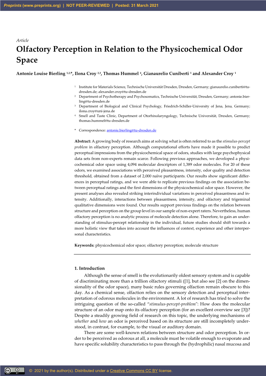 Olfactory Perception in Relation to the Physicochemical Odor Space