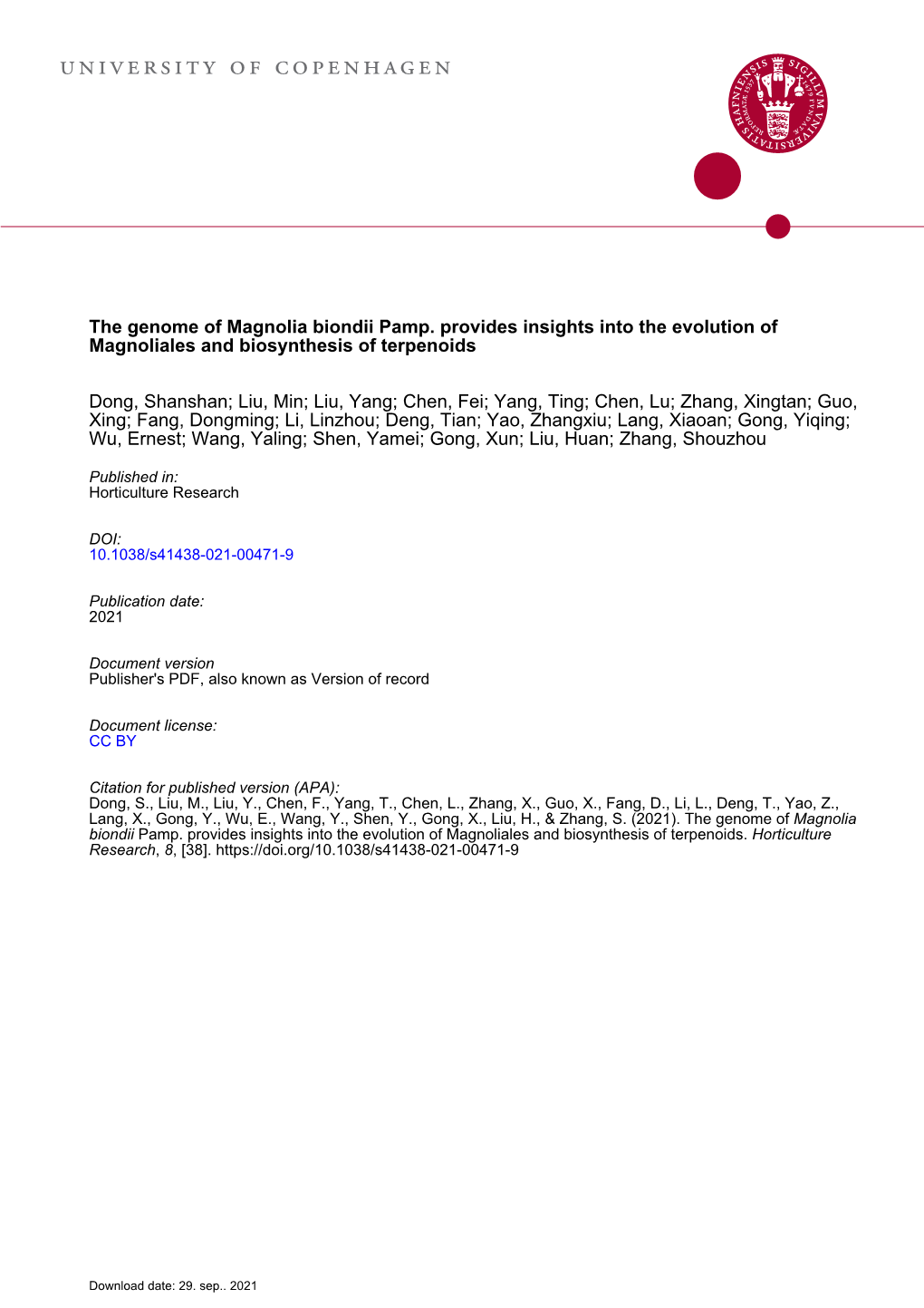 The Genome of Magnolia Biondii Pamp. Provides Insights Into the Evolution of Magnoliales and Biosynthesis of Terpenoids