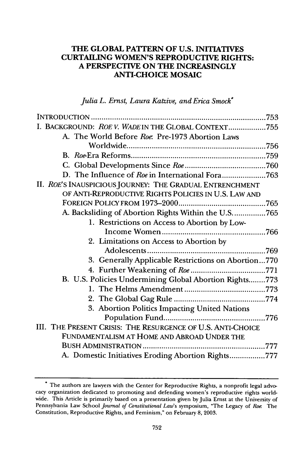 The Global Pattern of U.S. Initiatives Curtailing Women's Reproductive Rights: a Perspective on the Increasingly Anti-Choice Mosaic